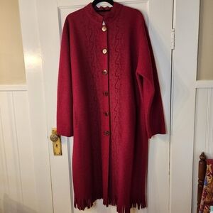 J.Jill Coat Alpaca Wool Blend Red MidLength Embroidered Fringe Hem, Womens XL